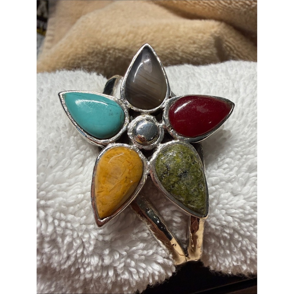 Barse Vintage Sterling Silver Multi Gemstone Flower Cuff 925 - Picture 12 of 16